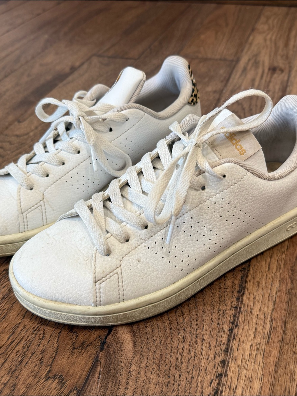 adidas White Leather Low-Top Sneakers with Gold Accent